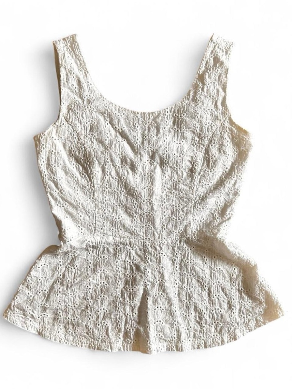Imaginary Voyage White Eyelet Peplum boho vibe Tank Top Sz S